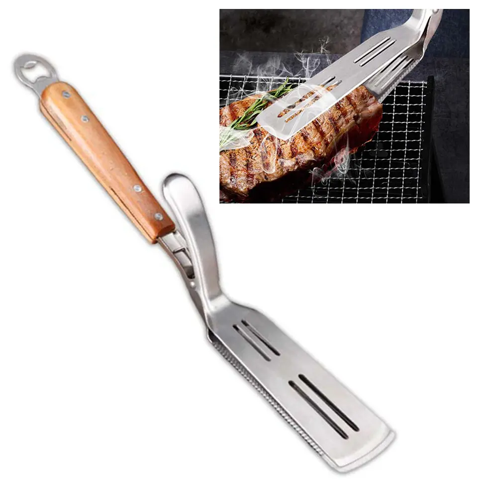 2-in-1 Stainless Steel Barbecue Spatula Clip With Oak Handle For Effortless Gardening And Home Furnishings Hot Selling Accessori