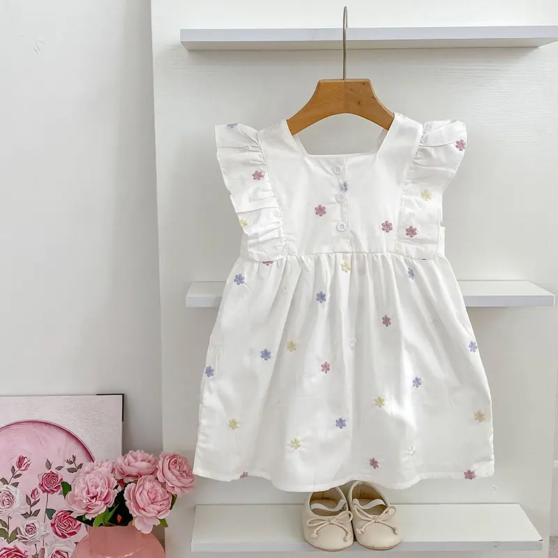 1-6Yrs Girls Fashion Embroidered Flower Dress Summer New Little Girls Toddler Princess Dresses Kids Flying Sleeves Party Clothes