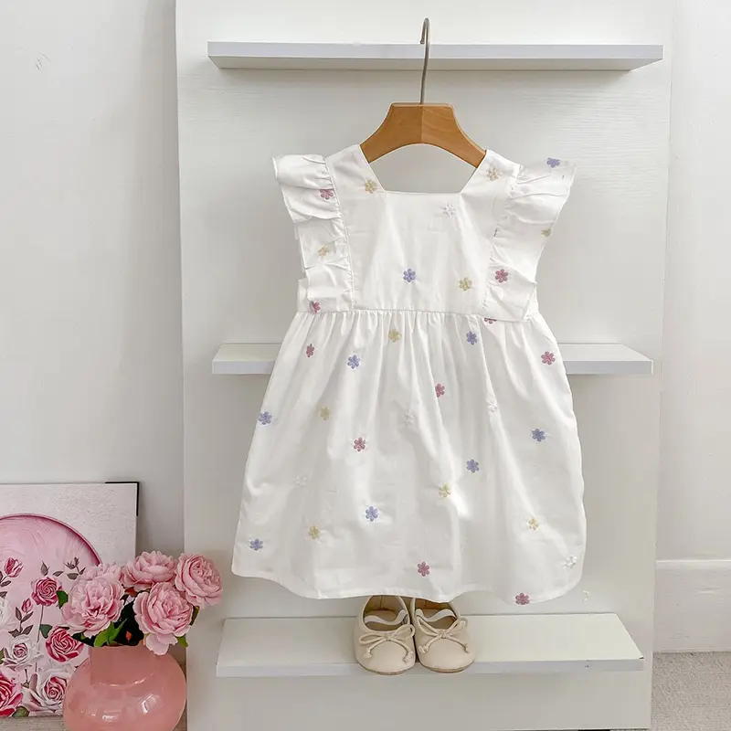 1-6Yrs Girls Fashion Embroidered Flower Dress Summer New Little Girls Toddler Princess Dresses Kids Flying Sleeves Party Clothes