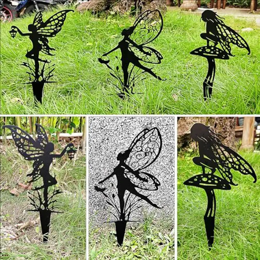 Outdoor Metal Decor Iron Fairy Garden Stakes Easy To Install Decorations Elegant Garden Accents Flower Fairy Silhouette