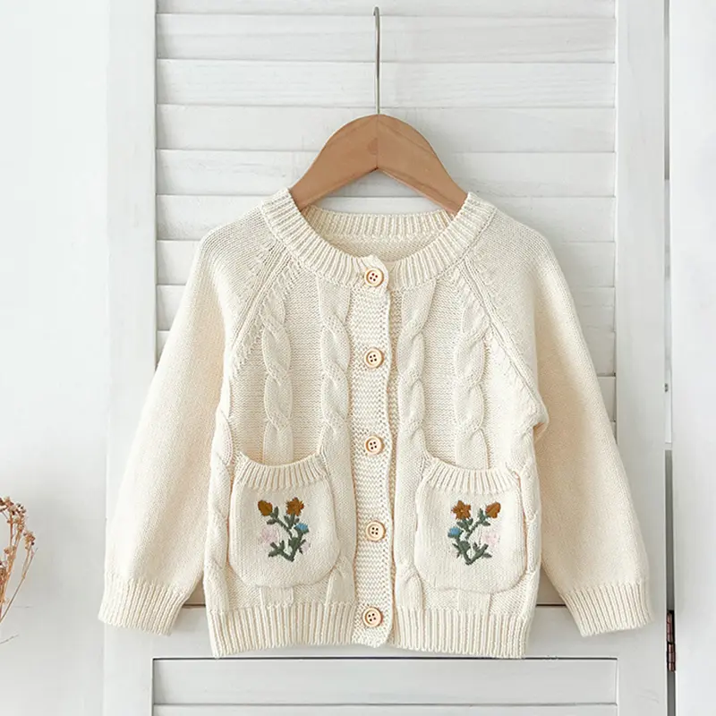 New Autumn Baby Sweater Cardigan Winter Baby Girls Knitted Sweaters Jacket Embroidery Flower Toddlers Cotton Knitted Cardigan