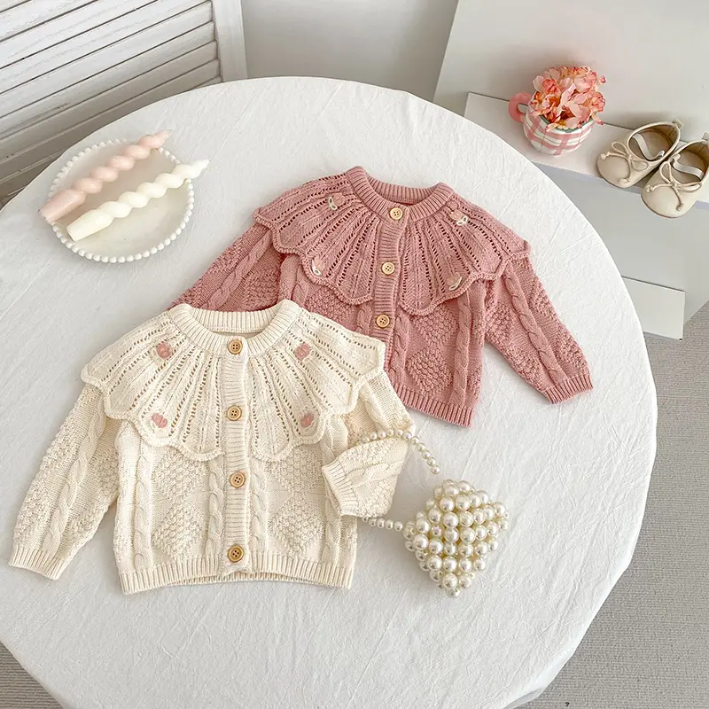 Autumn Knit Coat Baby Newborn Girls Sweater Cardigans Hollow Out Floral Ruffle Girls Tops Coat Embroidery Girls Clothes Sweater