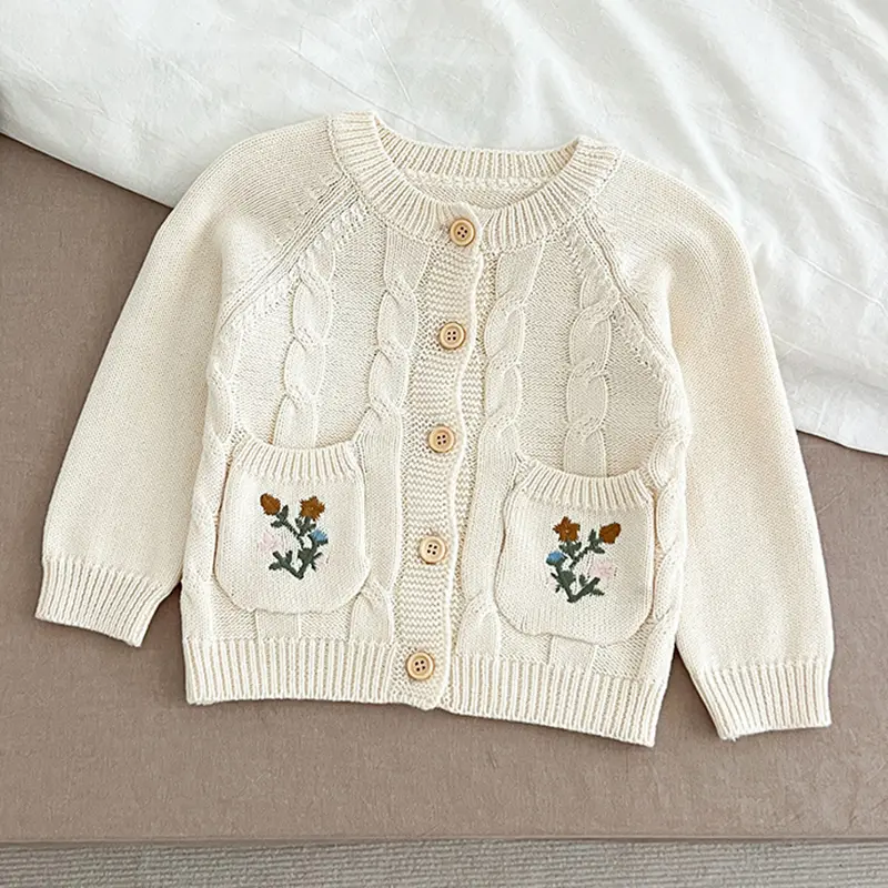 New Autumn Baby Sweater Cardigan Winter Baby Girls Knitted Sweaters Jacket Embroidery Flower Toddlers Cotton Knitted Cardigan