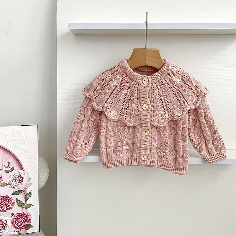 Autumn Knit Coat Baby Newborn Girls Sweater Cardigans Hollow Out Floral Ruffle Girls Tops Coat Embroidery Girls Clothes Sweater