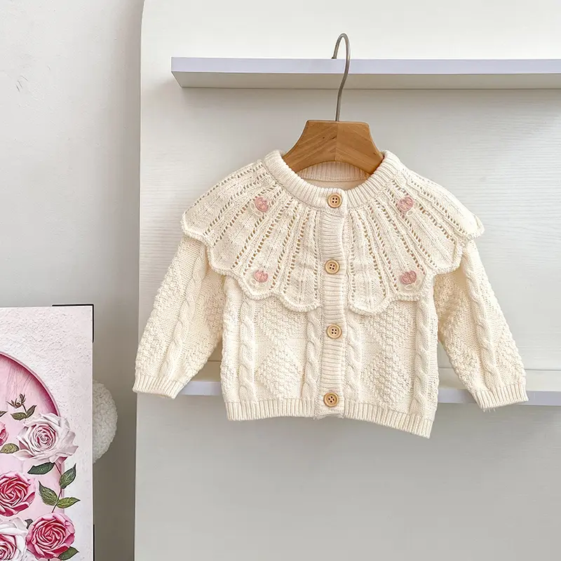 Autumn Knit Coat Baby Newborn Girls Sweater Cardigans Hollow Out Floral Ruffle Girls Tops Coat Embroidery Girls Clothes Sweater