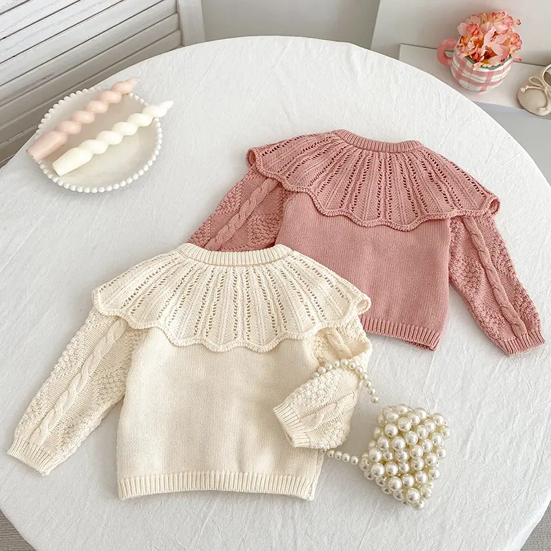 Autumn Knit Coat Baby Newborn Girls Sweater Cardigans Hollow Out Floral Ruffle Girls Tops Coat Embroidery Girls Clothes Sweater