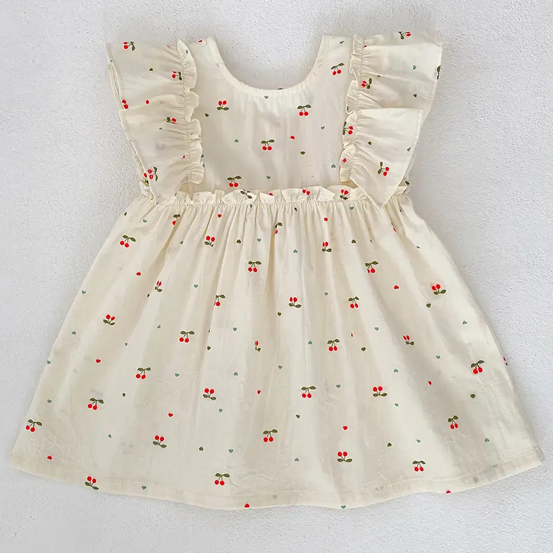 1-6Y Summer Baby Girl Dress Girl's Big Bow Dress Cherry Printing Round Neck Small Flying Sleeves Princess Dress Children's Dress