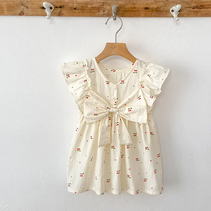 1-6Y Summer Baby Girl Dress Girl's Big Bow Dress Cherry Printing Round Neck Small Flying Sleeves Princess Dress Children's Dress