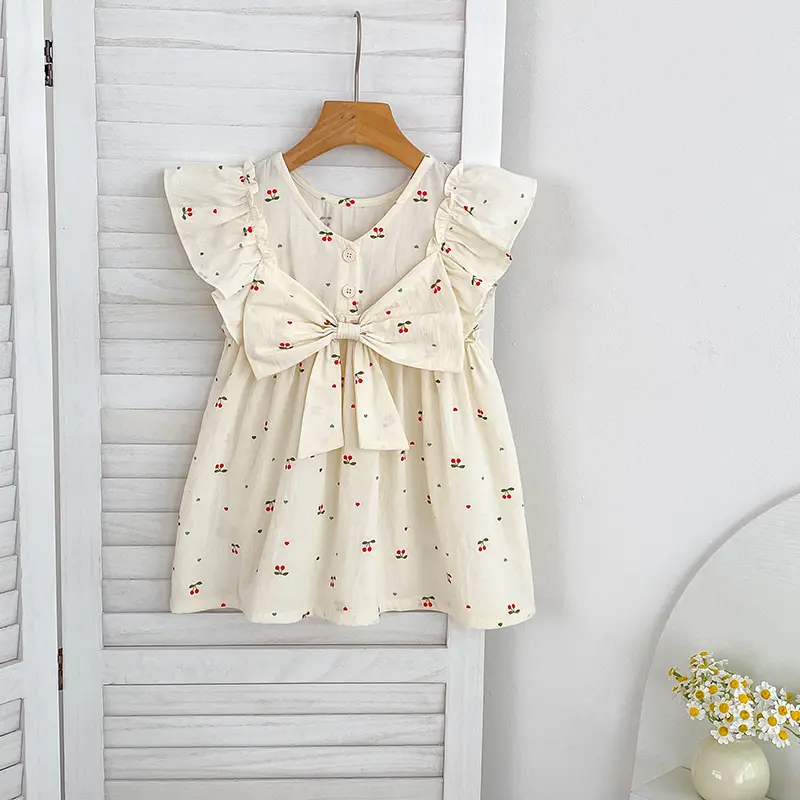 1-6Y Summer Baby Girl Dress Girl's Big Bow Dress Cherry Printing Round Neck Small Flying Sleeves Princess Dress Children's Dress