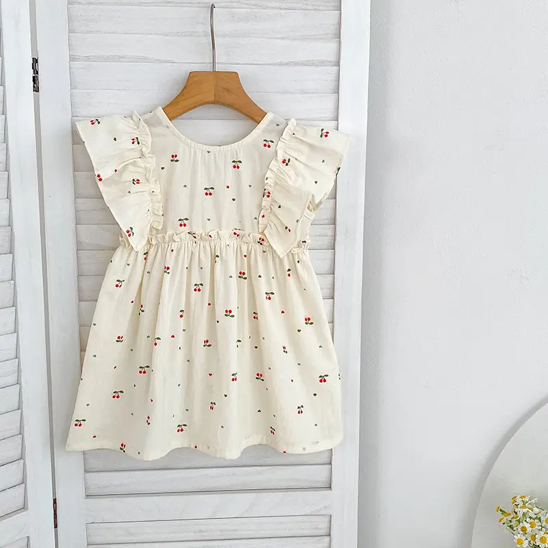 1-6Y Summer Baby Girl Dress Girl's Big Bow Dress Cherry Printing Round Neck Small Flying Sleeves Princess Dress Children's Dress