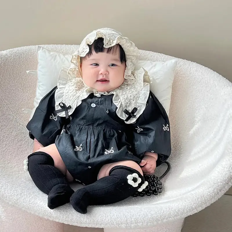 Baby Autumn Embroidered Bow Lapel Long Sleeve Triangle Jumpsuit Girl Baby Sweet Cute Jumpsuit with Bow Toddlers Baby Clothes
