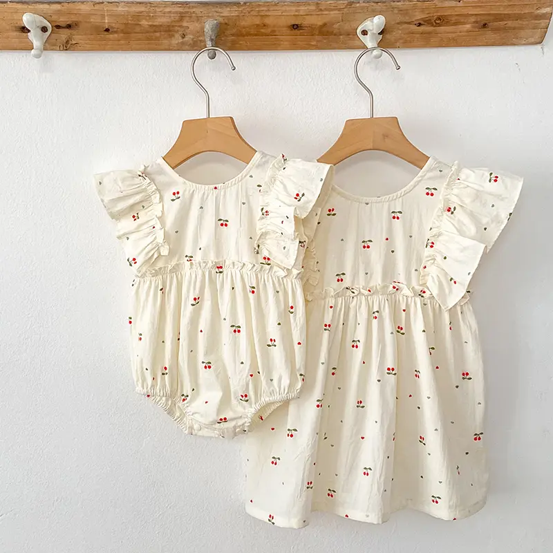 1-6Y Summer Baby Girl Dress Girl's Big Bow Dress Cherry Printing Round Neck Small Flying Sleeves Princess Dress Children's Dress
