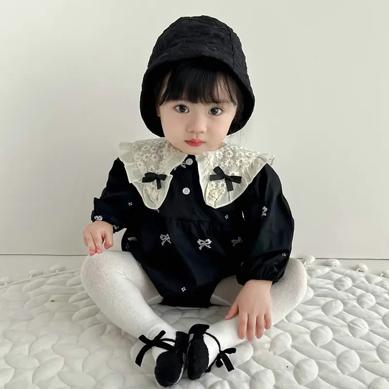 Baby Autumn Embroidered Bow Lapel Long Sleeve Triangle Jumpsuit Girl Baby Sweet Cute Jumpsuit with Bow Toddlers Baby Clothes