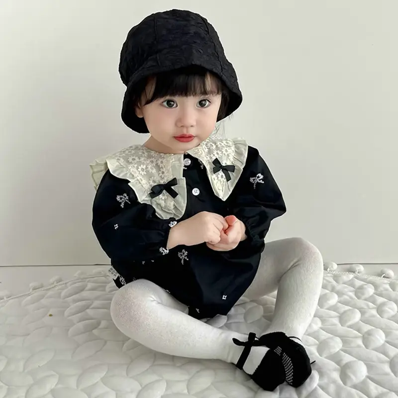 Baby Autumn Embroidered Bow Lapel Long Sleeve Triangle Jumpsuit Girl Baby Sweet Cute Jumpsuit with Bow Toddlers Baby Clothes