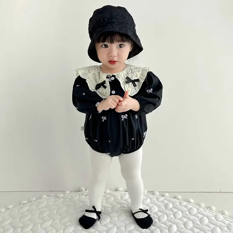 Baby Autumn Embroidered Bow Lapel Long Sleeve Triangle Jumpsuit Girl Baby Sweet Cute Jumpsuit with Bow Toddlers Baby Clothes