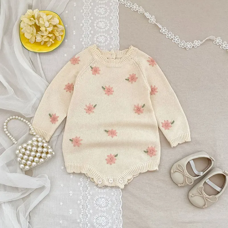 Infant Baby Girls Knitted Bodysuits Sweet Embroider Knit Jumpsuit Cotton Spring Autumn Newborn Kids Baby Girls Clothes Rompers