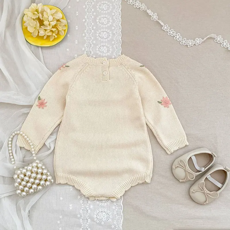 Infant Baby Girls Knitted Bodysuits Sweet Embroider Knit Jumpsuit Cotton Spring Autumn Newborn Kids Baby Girls Clothes Rompers