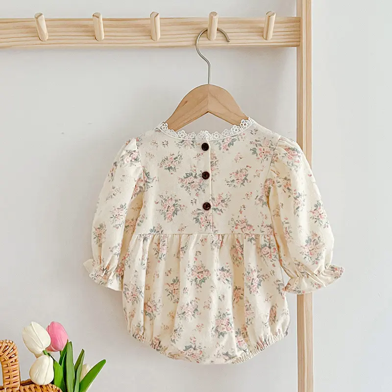 Autumn Newborn Girls Romper Infant Bodysuit Lace Floral Embroidery Lapel Flower Long Sleeved Jumpsuit Baby Clothes 0-2 Years Old