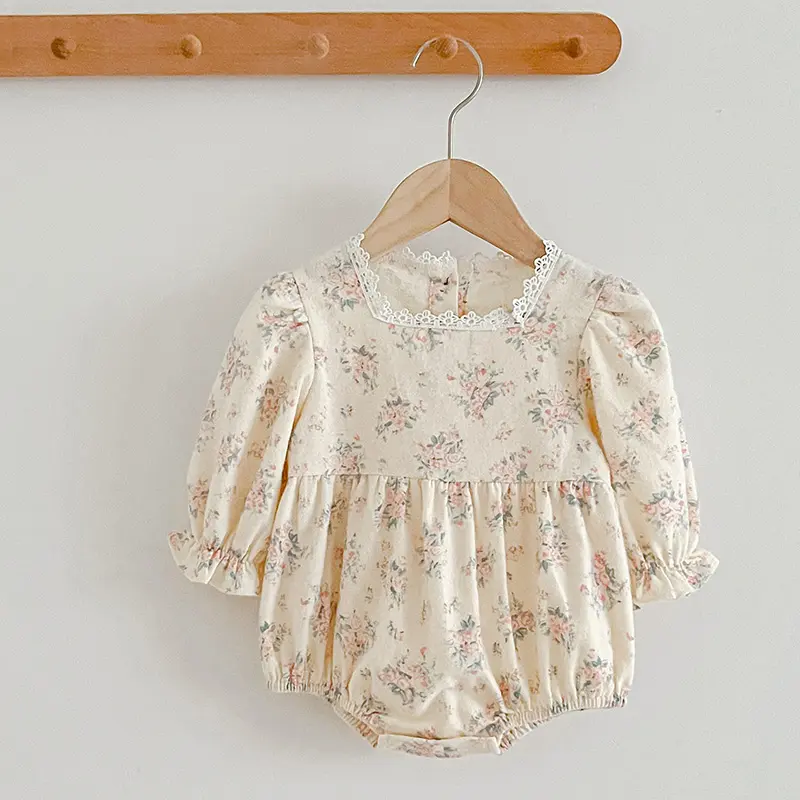 Autumn Newborn Girls Romper Infant Bodysuit Lace Floral Embroidery Lapel Flower Long Sleeved Jumpsuit Baby Clothes 0-2 Years Old