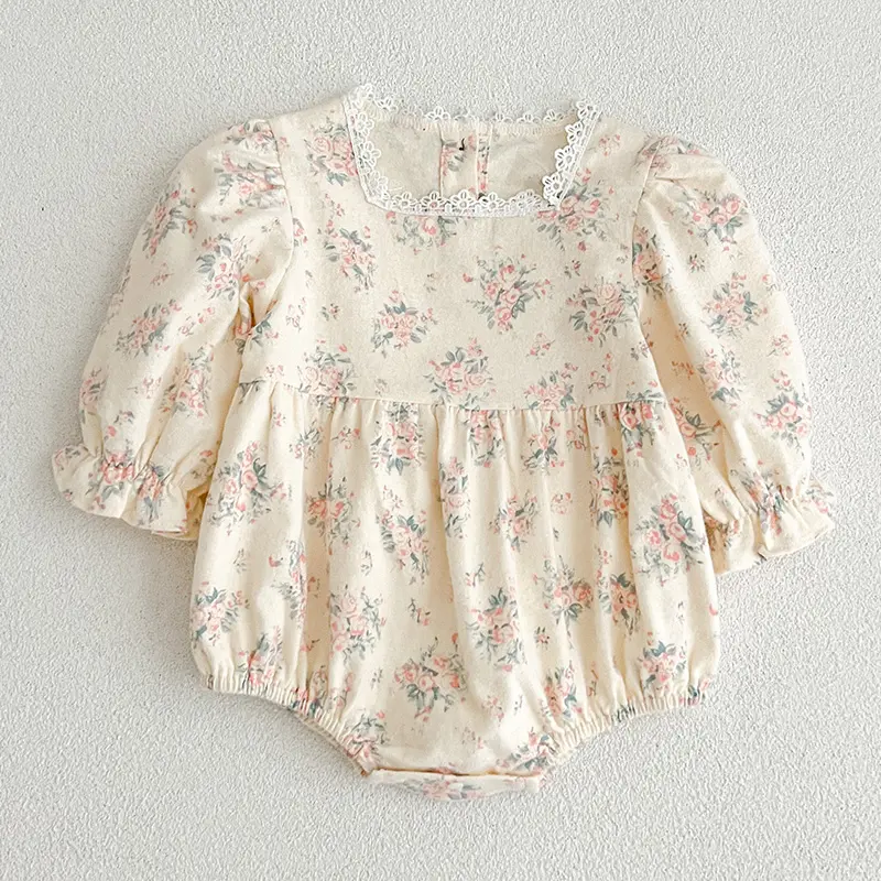 Autumn Newborn Girls Romper Infant Bodysuit Lace Floral Embroidery Lapel Flower Long Sleeved Jumpsuit Baby Clothes 0-2 Years Old