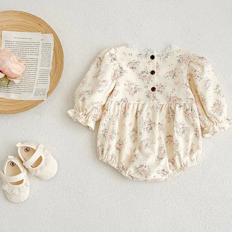 Autumn Newborn Girls Romper Infant Bodysuit Lace Floral Embroidery Lapel Flower Long Sleeved Jumpsuit Baby Clothes 0-2 Years Old