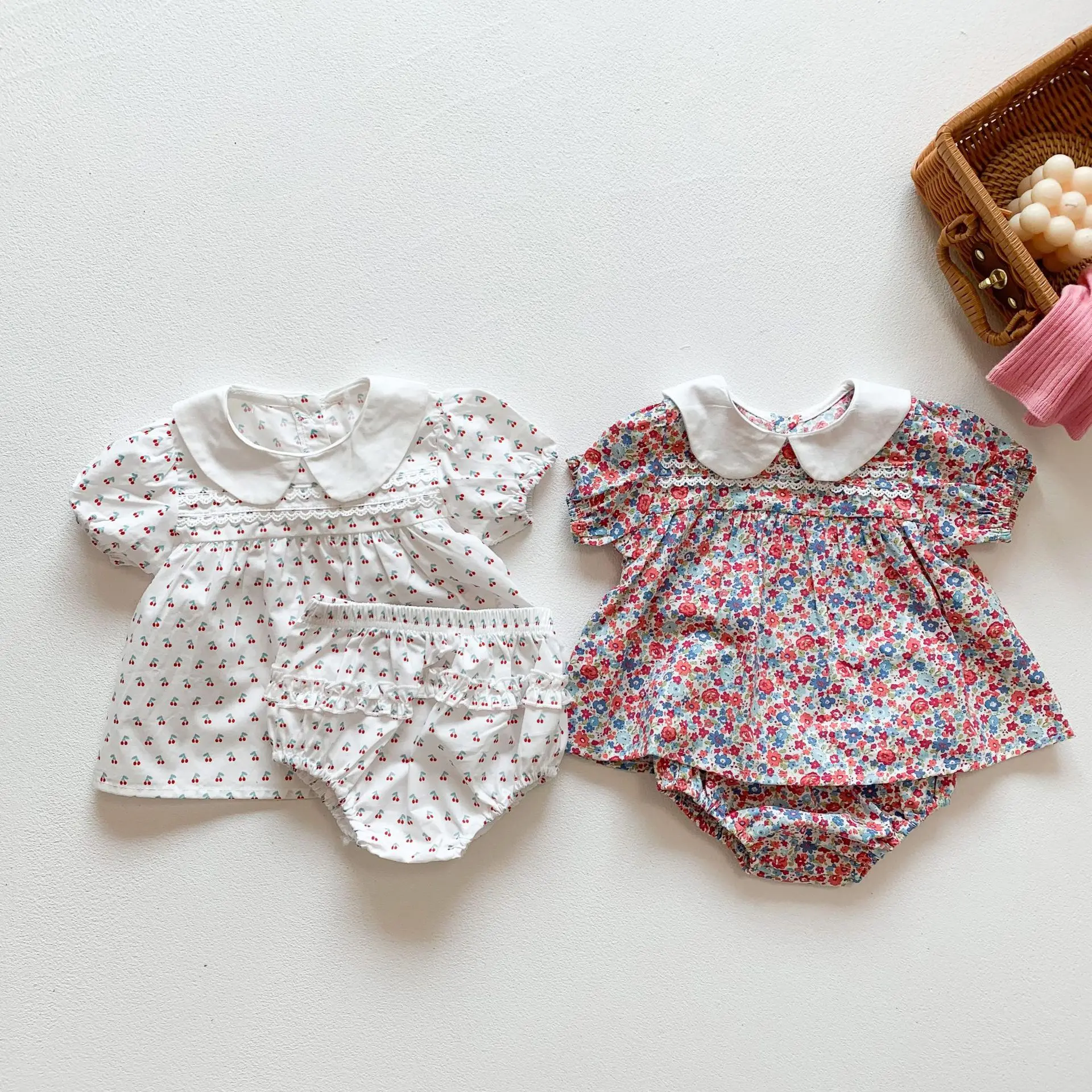 Summer Baby Girls Clothing Sets Puff Sleeve Top Floral Print Blouse + PP Shorts Infant Newborn Girl Clothes Suit Bbay Cherry Set