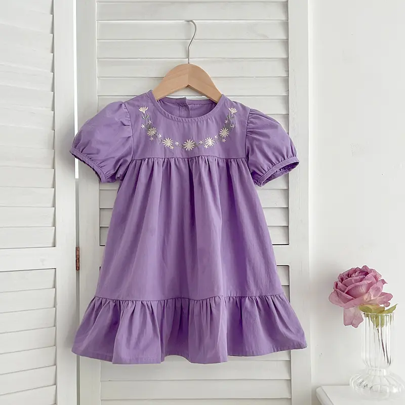 1-6Yrs Girls Fashion Embroidered Flower Dress Summer New Little Girls Toddler Princess Dresses Kids Short Sleeve Party Clothes