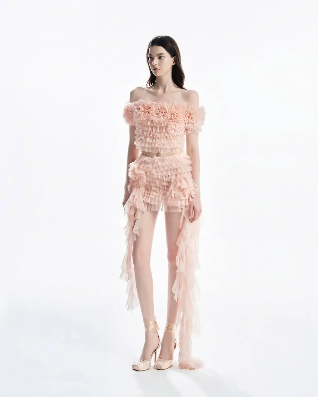 Sexy Women's Off Shoulder Ruffled Tulle Dress with Layered Design and Flowy Skirt for Special Occasions Evening Wear Two Pieces