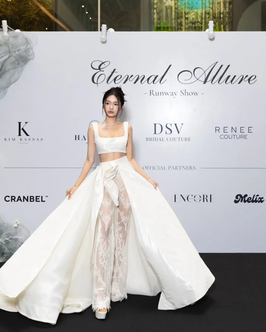White Overlay Skirt in Satin with Lace Overlay for Formal Occasions and Bridal Events, Perfect for Runway Shows and Special