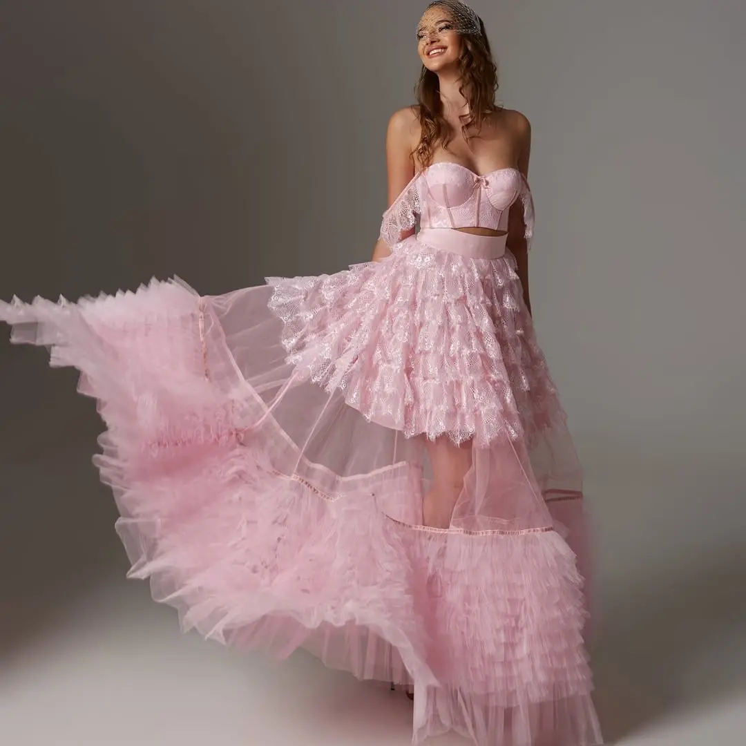 Tulle Skirt with Multiple Layers Pink Lace Trimmed High Waist A-Line Skirt for Party and Evening Wear Made of Soft 2025