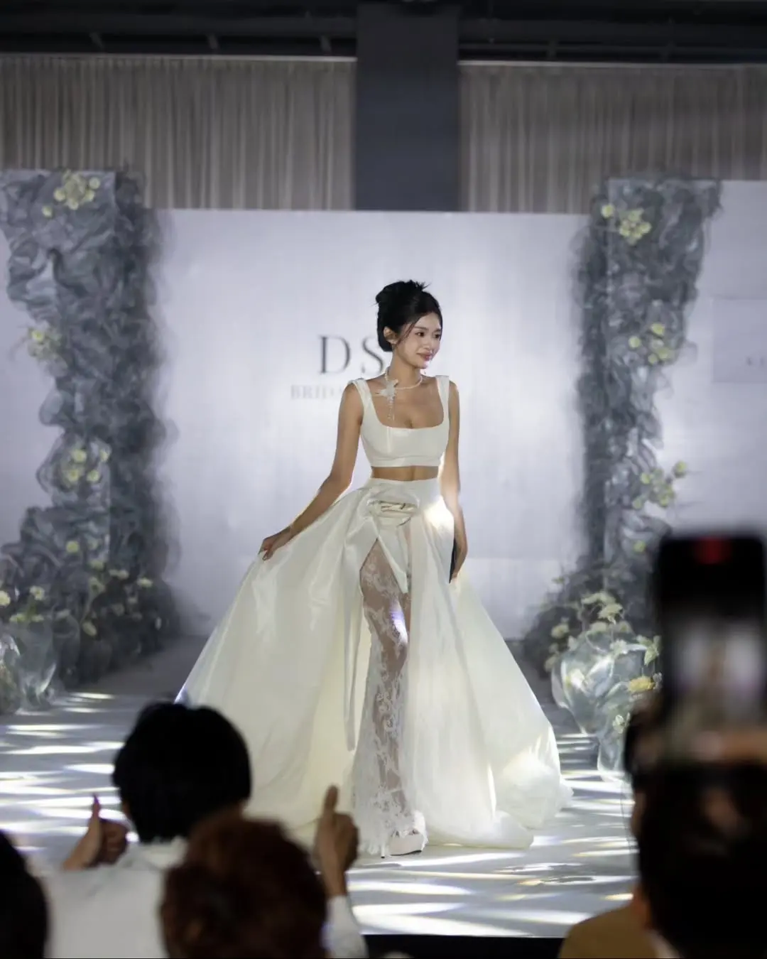 White Overlay Skirt in Satin with Lace Overlay for Formal Occasions and Bridal Events, Perfect for Runway Shows and Special