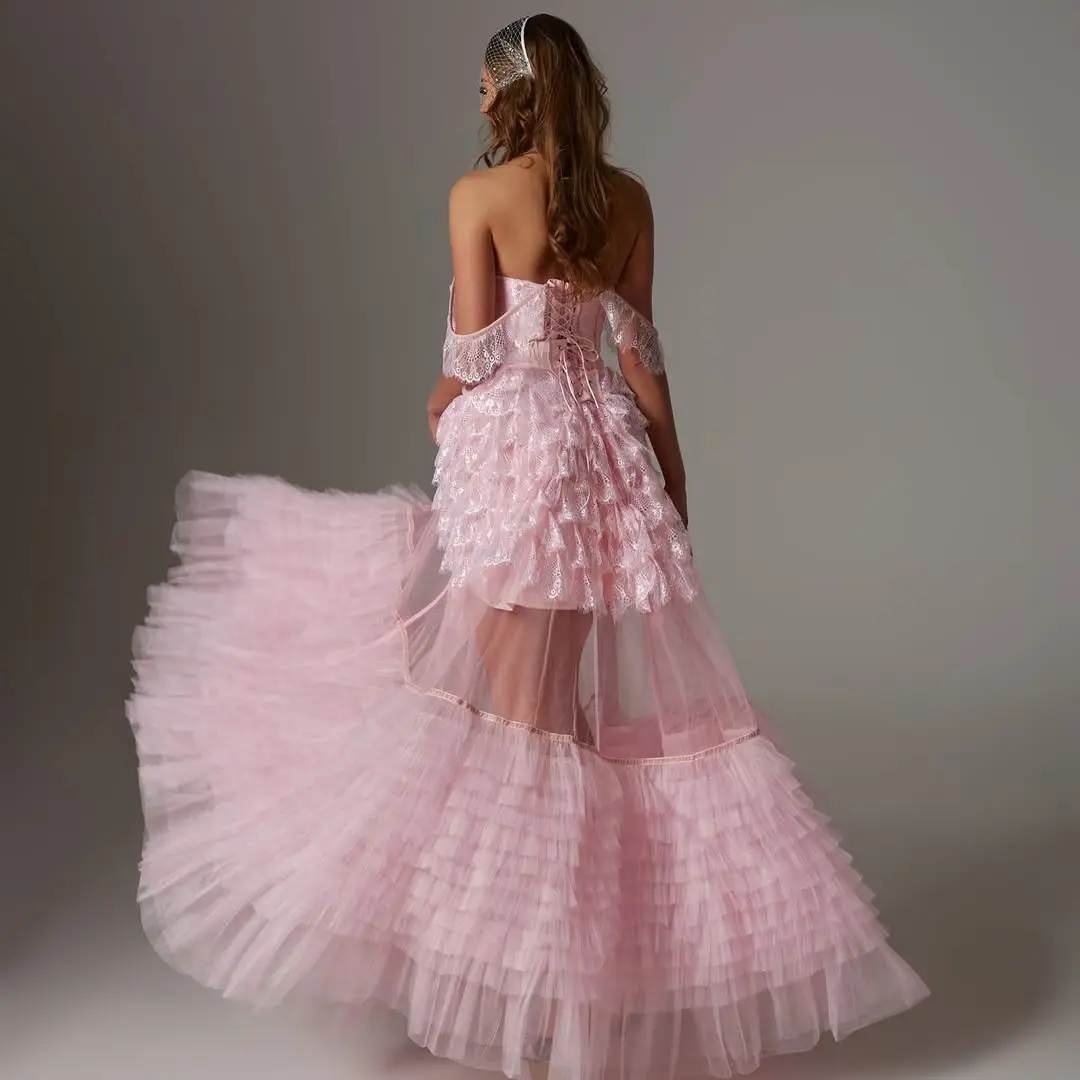 Tulle Skirt with Multiple Layers Pink Lace Trimmed High Waist A-Line Skirt for Party and Evening Wear Made of Soft 2025