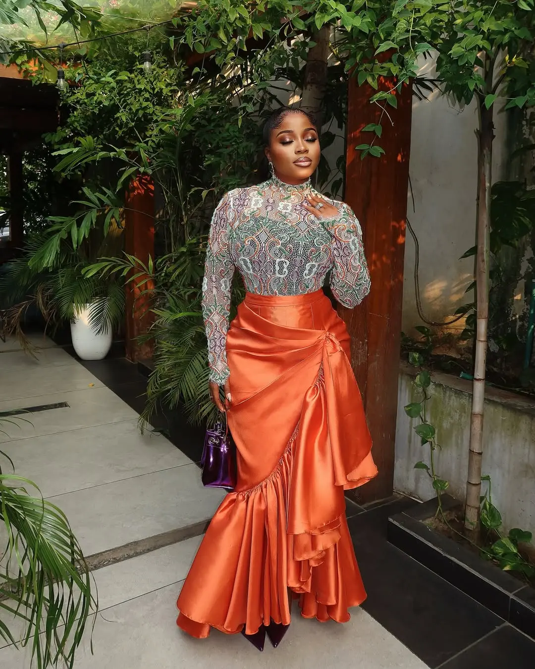 Women's High Waist Satin Skirt with Ruffle Layers Fashionable Orange Midi Skirt for Party and Evening Wear Stylish Design