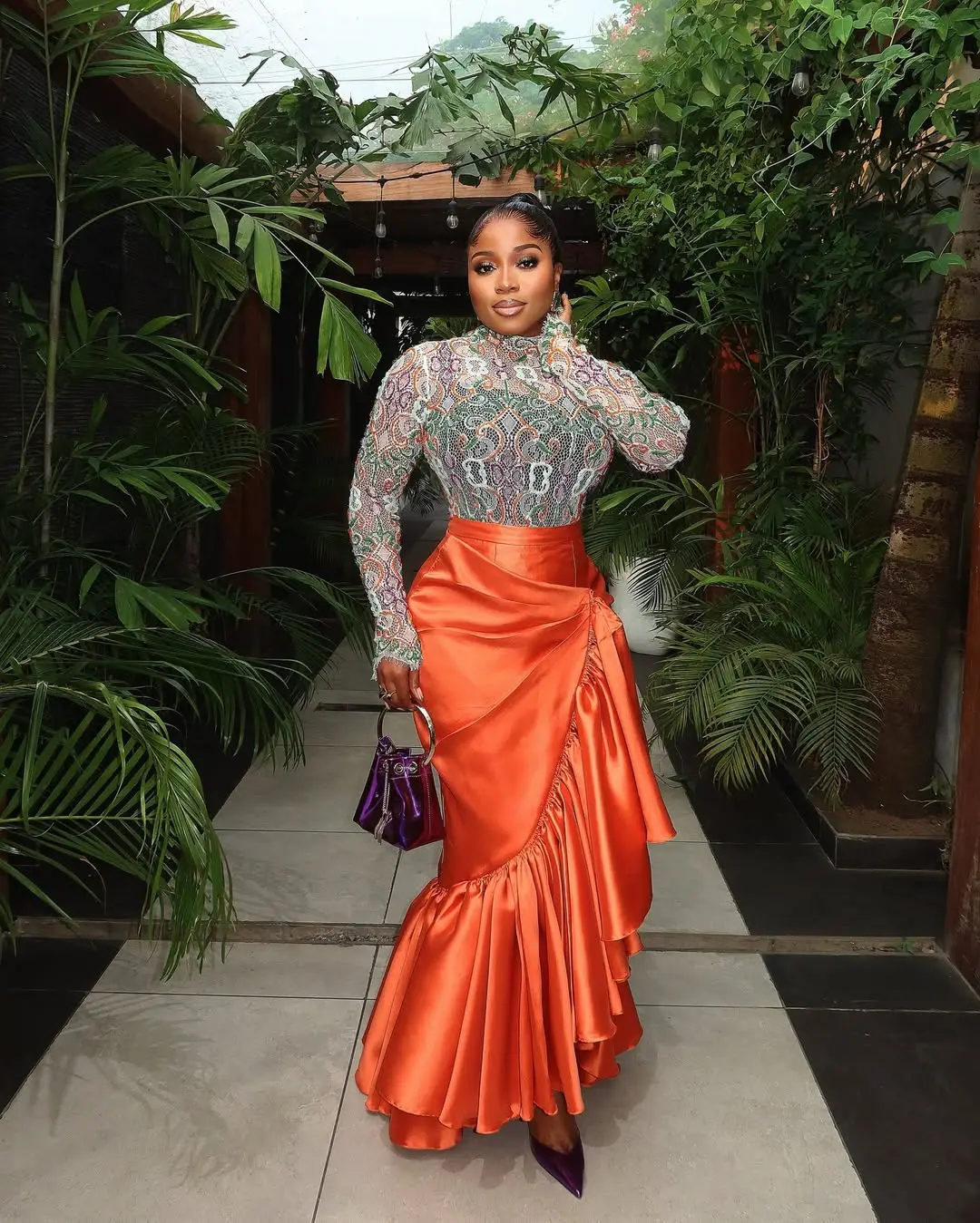 Women's High Waist Satin Skirt with Ruffle Layers Fashionable Orange Midi Skirt for Party and Evening Wear Stylish Design