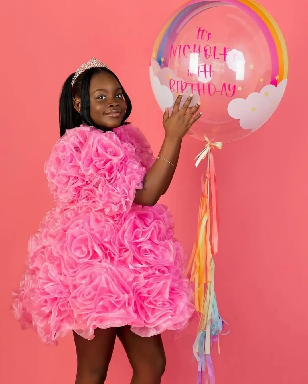 Charming Pink Flower Girl Dress for Kids Made of Tulle with Ruffled Layers and Crown Perfect for Weddings and Special Occasions