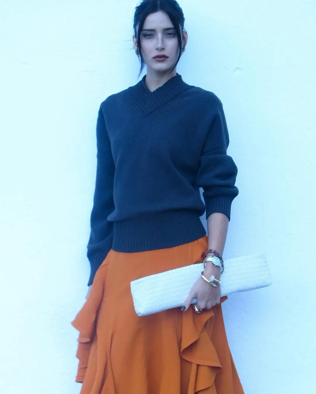 Women's Fashion Orange Ruffle Hem Midi Skirt High Quality Polyester Material  Fit Perfect for Casual and Formal Occasions