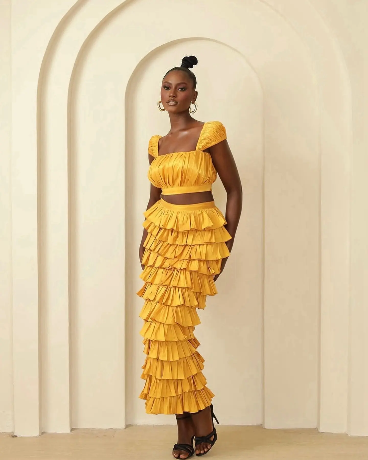 Gold Tiered Ruffles Satin Skirts Straight Ankle Length Black Girl Skirt With Short Tops Square Collar Pleated Top Custom Made