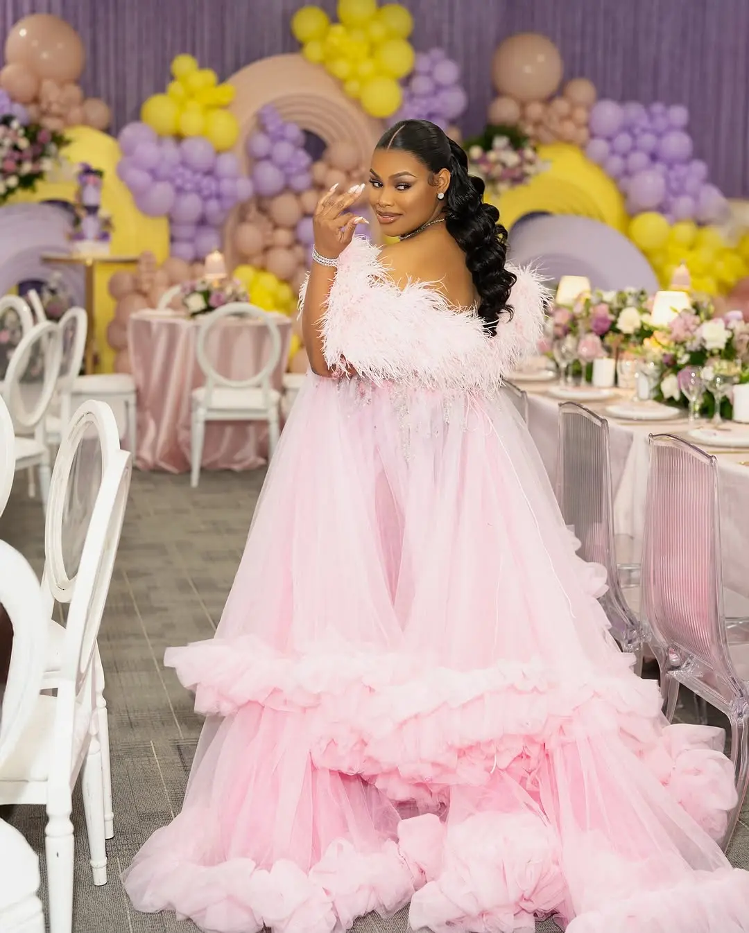 Plus Size South Africa Style Maternity Dress Sweet Pink Ruffled Tulle Baby Shower Party Gowns Off The Shoulder A-line Long Dress