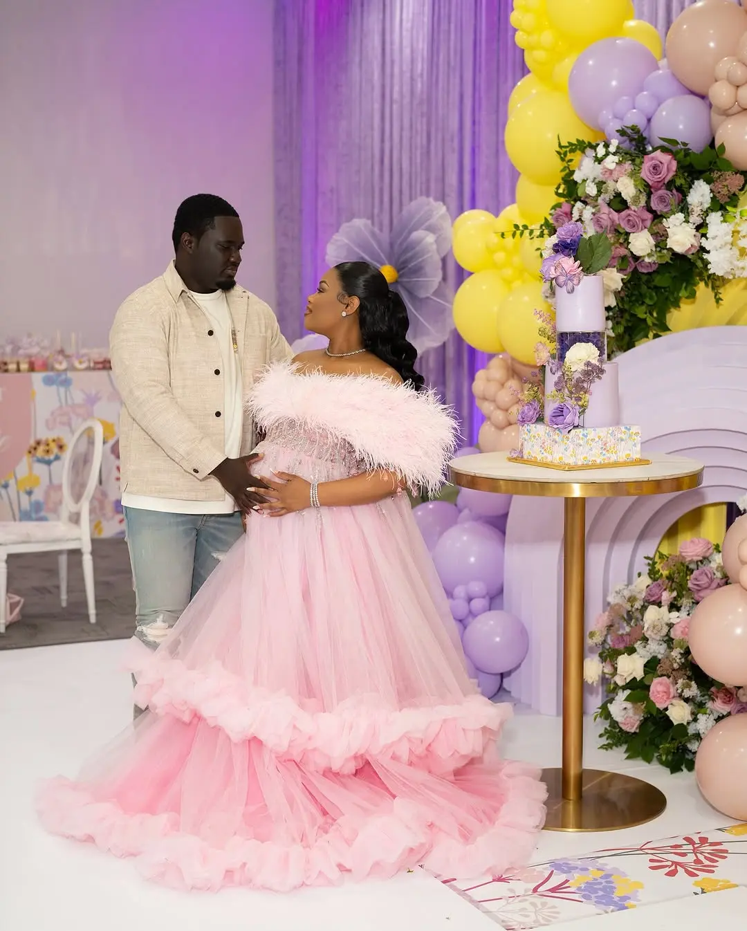 Plus Size South Africa Style Maternity Dress Sweet Pink Ruffled Tulle Baby Shower Party Gowns Off The Shoulder A-line Long Dress