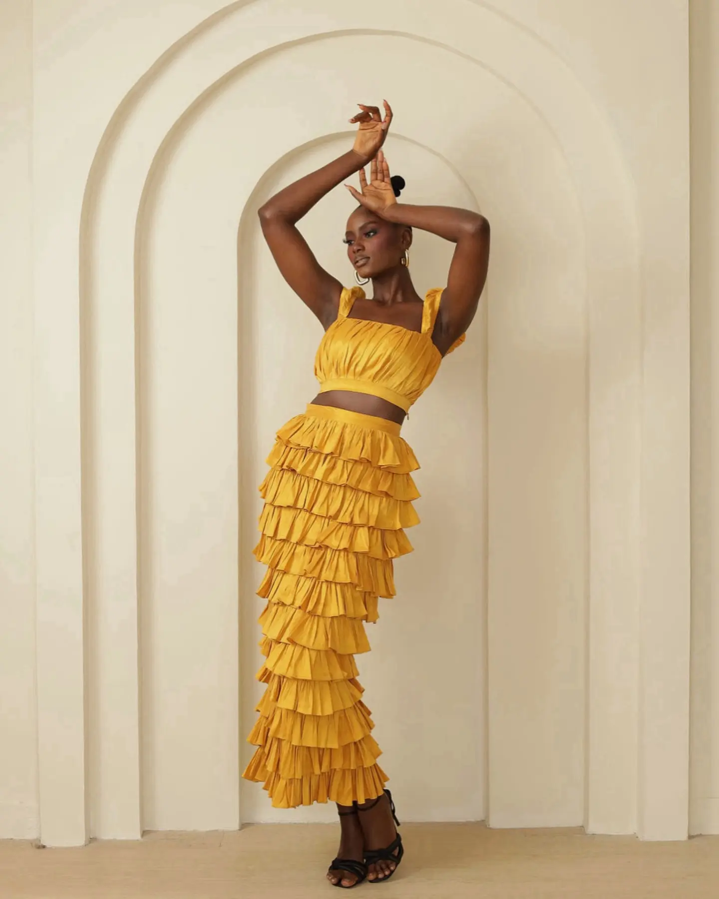 Gold Tiered Ruffles Satin Skirts Straight Ankle Length Black Girl Skirt With Short Tops Square Collar Pleated Top Custom Made