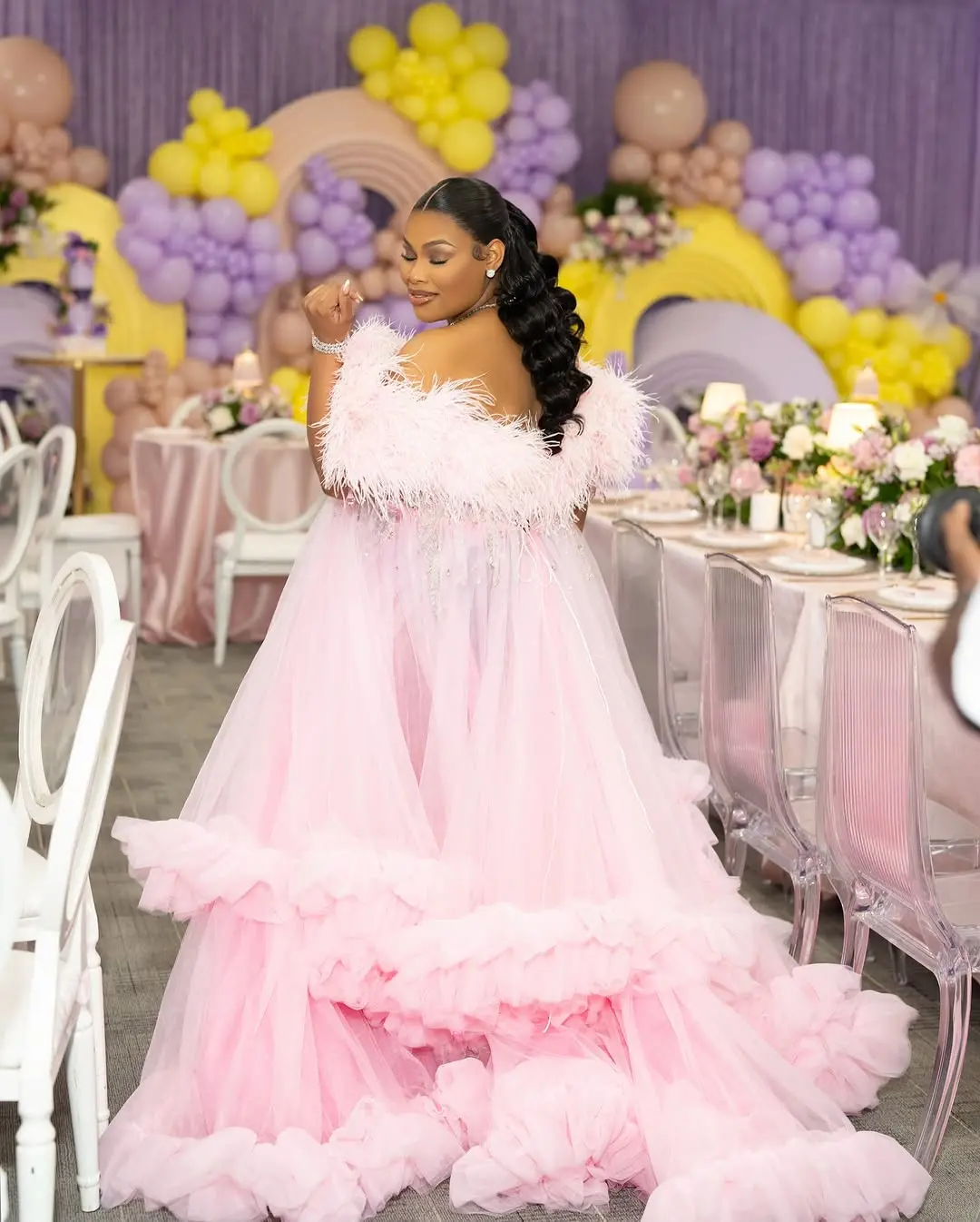 Plus Size South Africa Style Maternity Dress Sweet Pink Ruffled Tulle Baby Shower Party Gowns Off The Shoulder A-line Long Dress
