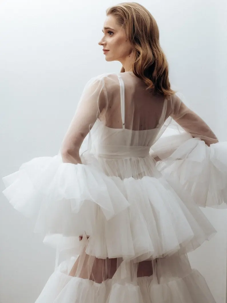 Women's Tulle Dress with Layered Skirt and Puffy Sleeves White Wedding Party Gown Soft Fabric Long Formal Evening Dress