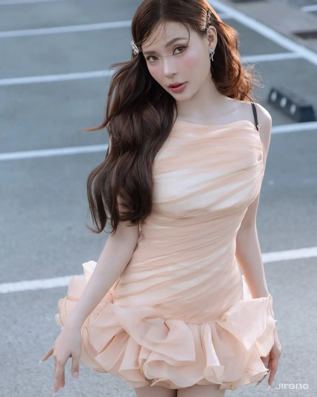 Peach Chiffon Ruffled Mini Dress for Women Fashionable Lightweight Summer Party Wear Casual Daily Outfit Trendy Style Perfect