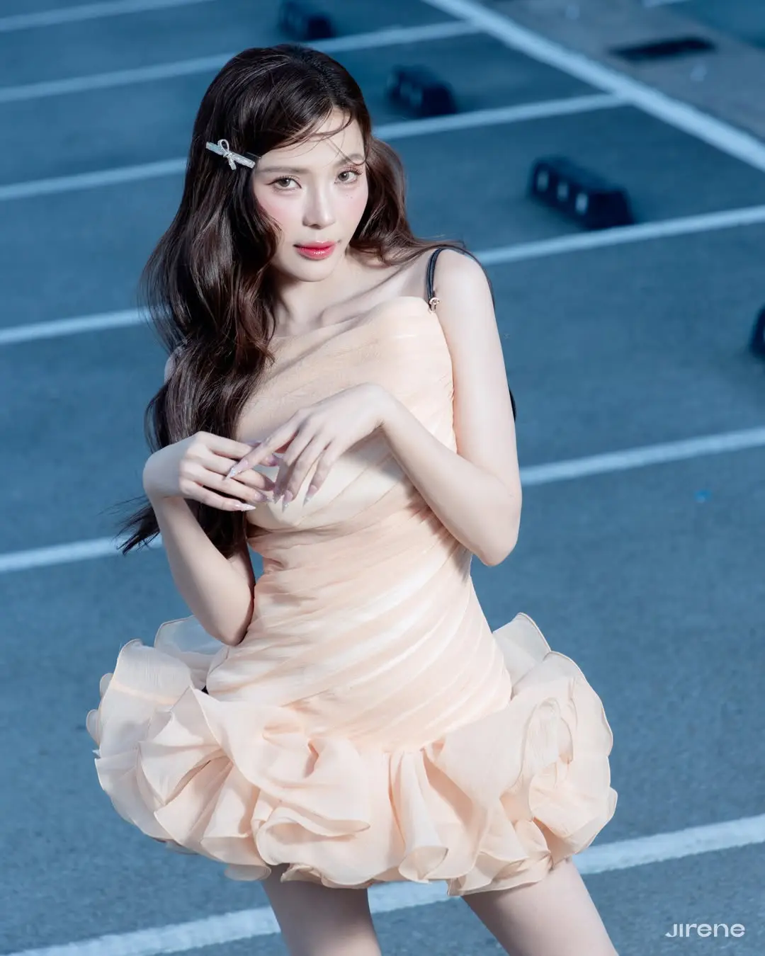 Peach Chiffon Ruffled Mini Dress for Women Fashionable Lightweight Summer Party Wear Casual Daily Outfit Trendy Style Perfect