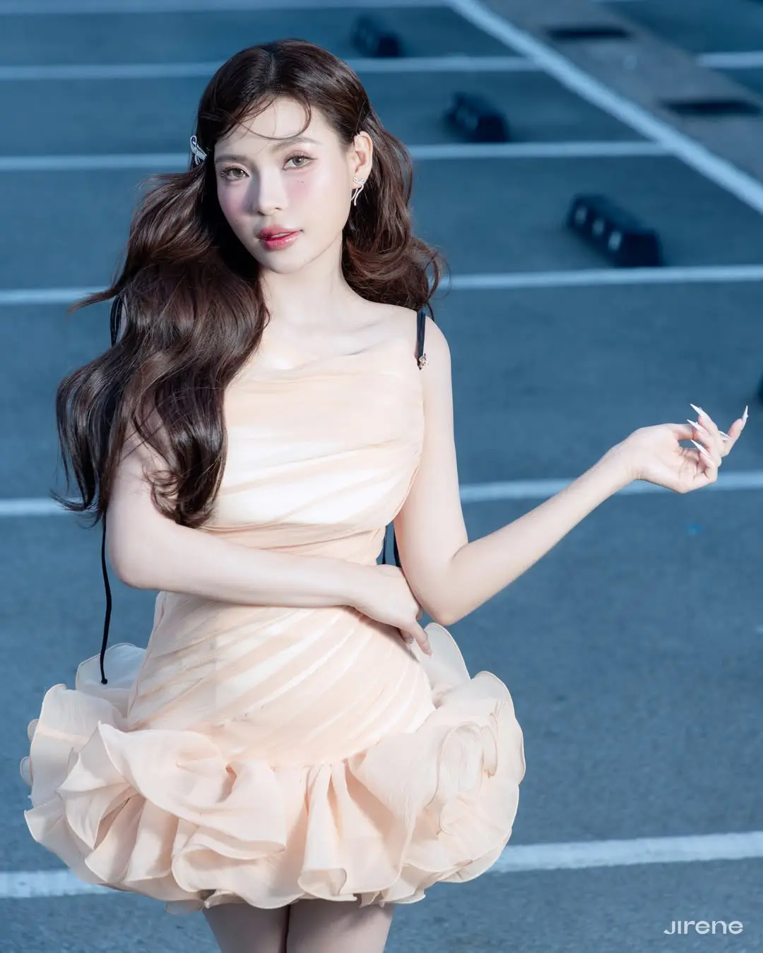 Peach Chiffon Ruffled Mini Dress for Women Fashionable Lightweight Summer Party Wear Casual Daily Outfit Trendy Style Perfect