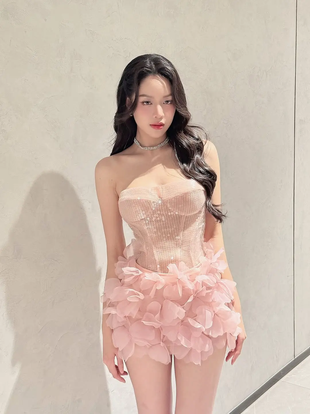 Pink Sequin Dress with Floral Skirt Design Made of High Quality Polyester Fabric Perfect for Party and Evening Wear Comfortable