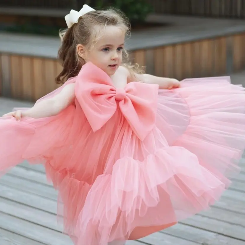 Fashion Baby Girl Princess Big Bow Tutu Dress One Shoulder Toddler Tea Length Child Tulle Vestido Bow Party Pageant Birthday Dre