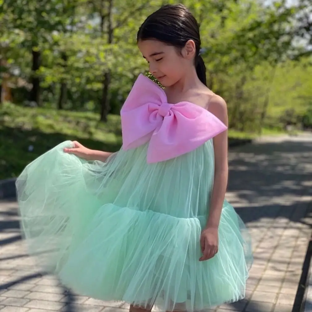 Fashion Baby Girl Princess Big Bow Tutu Dress One Shoulder Toddler Tea Length Child Tulle Vestido Bow Party Pageant Birthday Dre