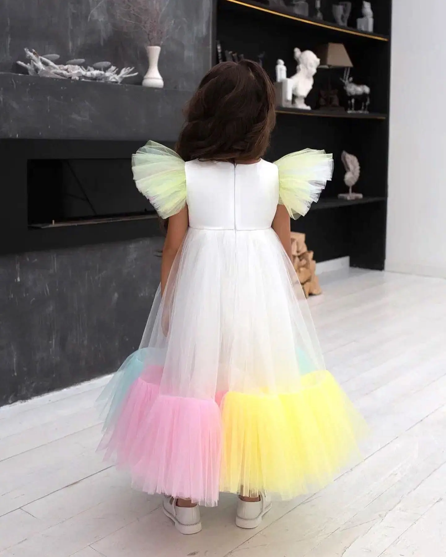 Cute Colorful Tulle Flower Girl Dress A-Line Girls Princess Wedding Dress Girls Long Puffy Simple First Communion Gown Dresses