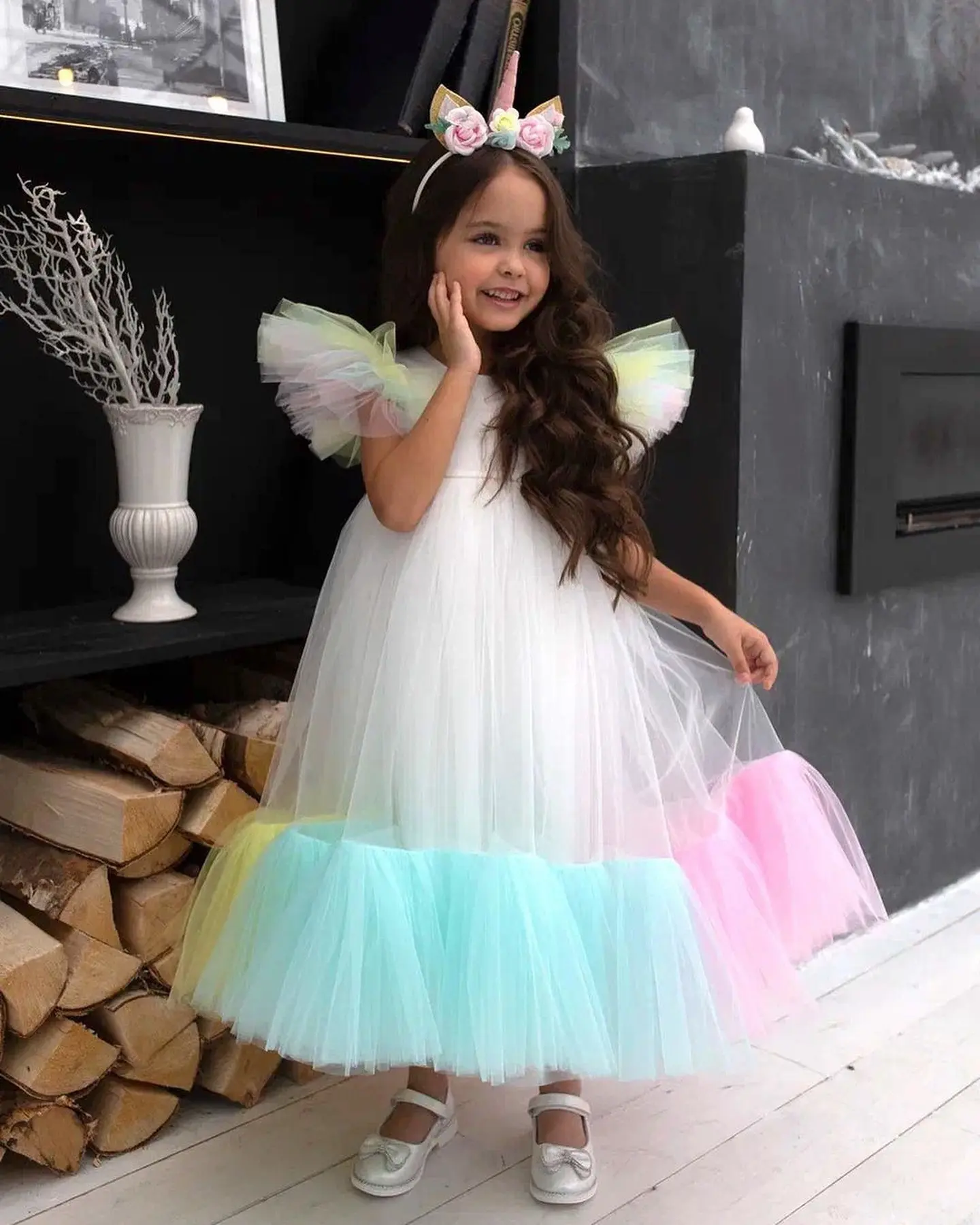 Cute Colorful Tulle Flower Girl Dress A-Line Girls Princess Wedding Dress Girls Long Puffy Simple First Communion Gown Dresses